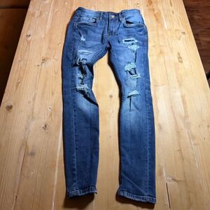 YoungLA Mens Distressed Skinny Jeans Blue Bandana Patch Ankle Zip Denim 30x30